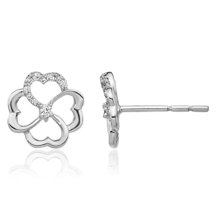 14K Solid White Gold Diamond Lucky Clover Shamrock Flower Leaf Stud Earrings