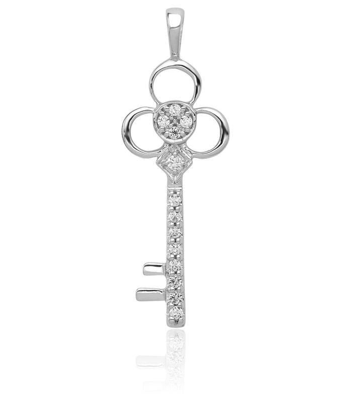 14K Solid White Gold Diamond Club Key Necklace Chain Pendant Charm