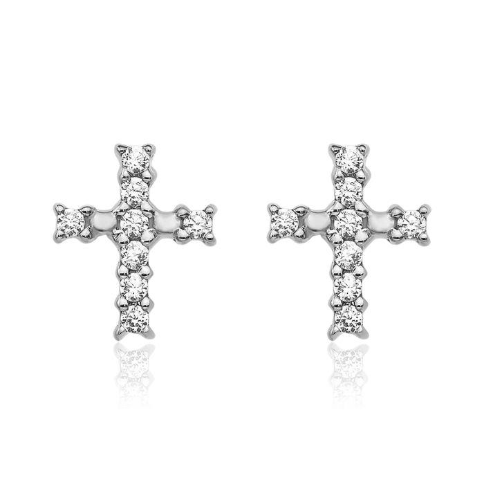 14K Solid White Gold Diamond Holy Cross Drop Dangle Christian Religious Stud Earrings