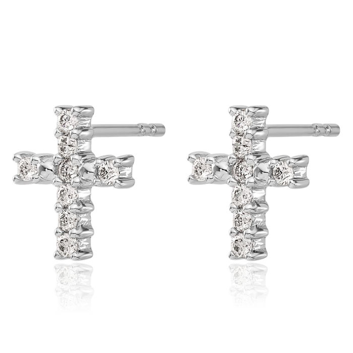 14K Solid White Gold Diamond Holy Cross Drop Dangle Christian Religious Stud Earrings