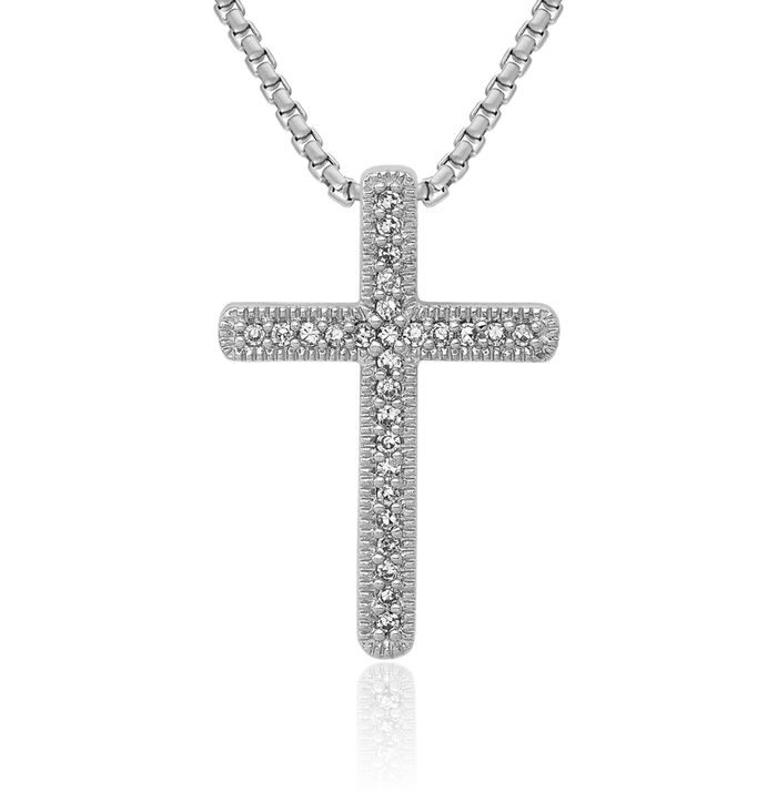 14K Solid White Gold Diamond Latin Mexican Holy Cross Floating Chain Slide Pendant Necklace Religious Jesus Christ Charm