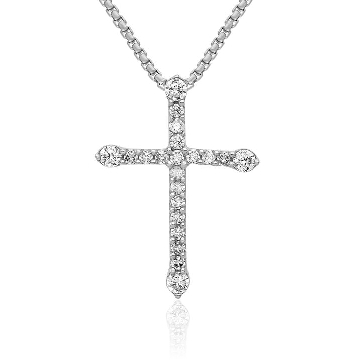 14K Solid White Gold Diamond Latin Mexican Holy Cross Floating Chain Slide Pendant Necklace Religious Jesus Christ Charm