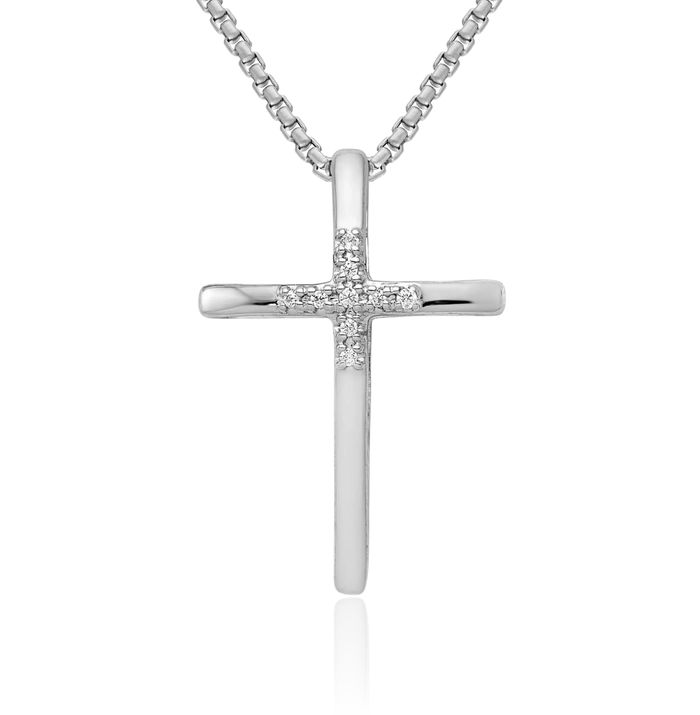 14K Solid White Gold Diamond Latin Mexican Holy Cross Floating Chain Slide Pendant Necklace Religious Jesus Christ Charm