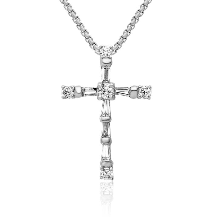 14K Solid White Gold Diamond Latin Mexican Holy Cross Floating Chain Slide Pendant Necklace Religious Jesus Christ Charm