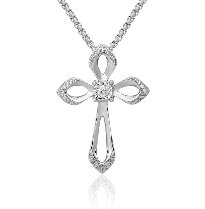 14K Solid White Gold Diamond Holy Cross Floating Chain Slide Pendant Necklace Religious Jesus Christ Charm