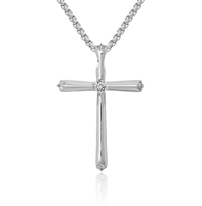 14K Solid White Gold Diamond Latin Mexican Holy Cross Floating Chain Slide Pendant Necklace Religious Jesus Christ Charm