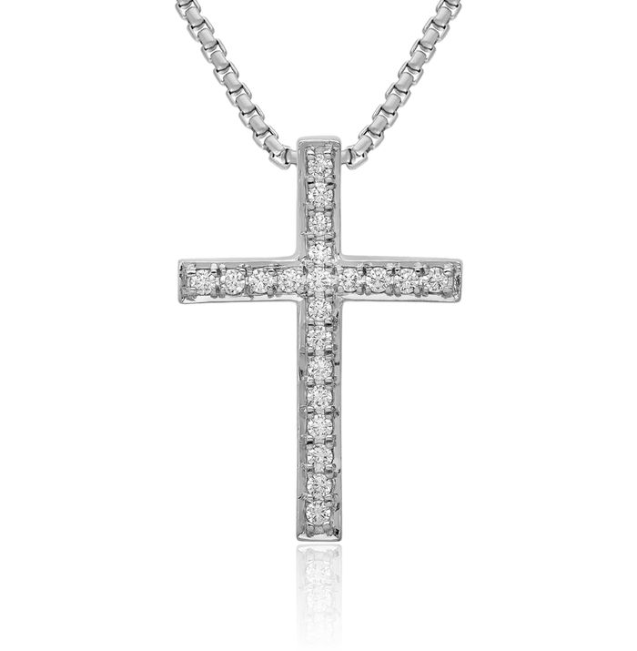 14K Solid White Gold Diamond Latin Mexican Holy Cross Floating Chain Slide Pendant Necklace Religious Jesus Christ Charm