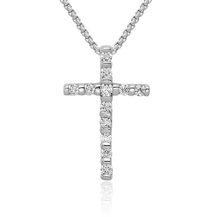 14K Solid White Gold Diamond Latin Mexican Holy Cross Floating Chain Slide Pendant Necklace Religious Jesus Christ Charm