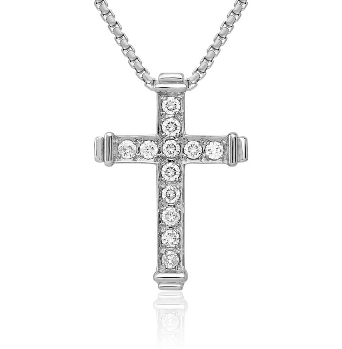 14K Solid White Gold Diamond Latin Mexican Holy Cross Floating Chain Slide Pendant Necklace Religious Jesus Christ Christian Charm