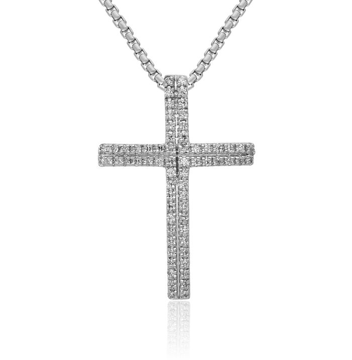 14K Solid White Gold Diamond Latin Mexican Holy Cross Floating Chain Slide Pendant Necklace Religious Jesus Christ Charm