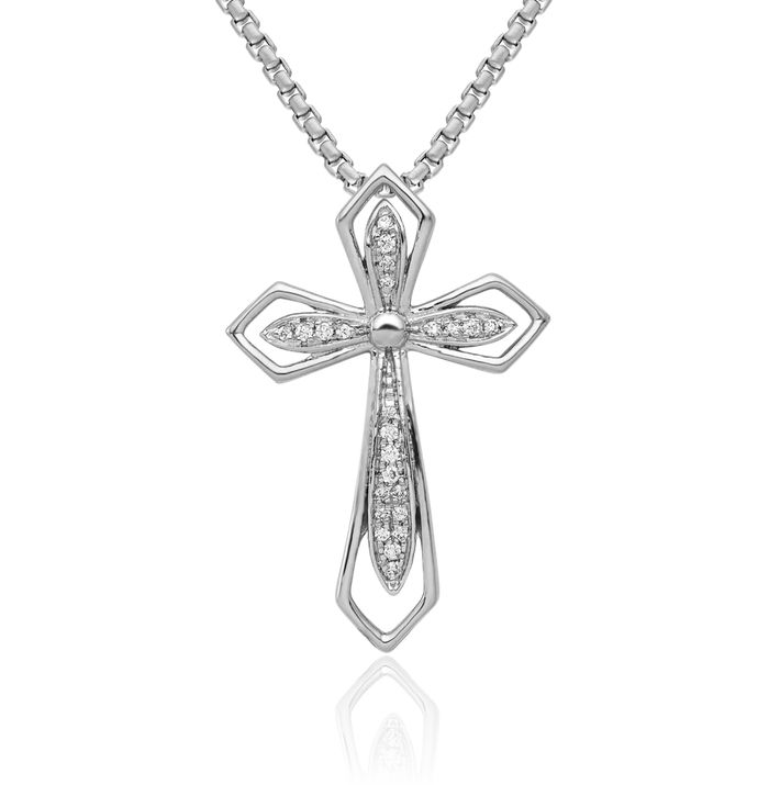 14K Solid White Gold Diamond Holy Cross Floating Chain Slide Pendant Necklace Religious Jesus Christ Charm