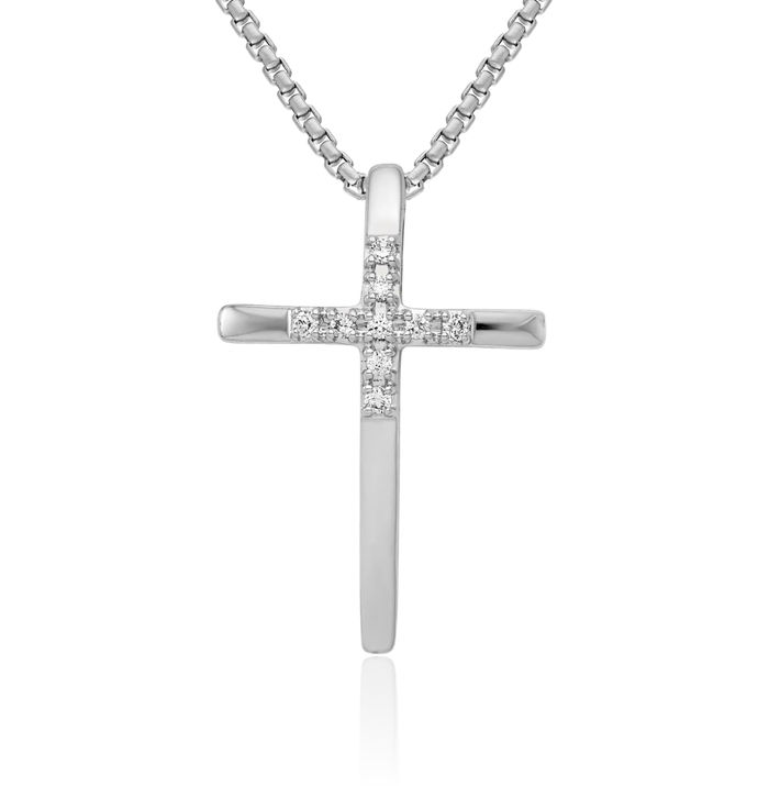 14K Solid White Gold Diamond Latin Mexican Holy Cross Floating Chain Slide Pendant Necklace Religious Jesus Christ Charm