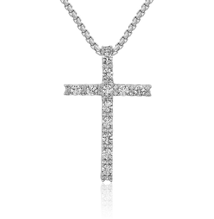 14K Solid White Gold Diamond Latin Mexican Holy Cross Floating Chain Slide Pendant Necklace Religious Jesus Christ Christian Charm