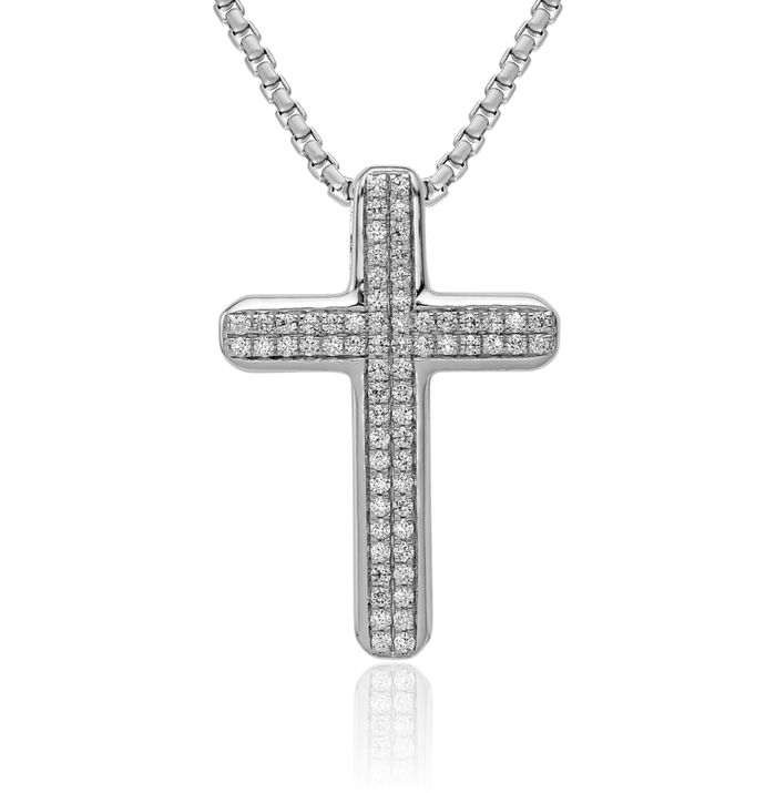 14K Solid White Gold Diamond Latin Mexican Holy Cross Floating Chain Slide Pendant Necklace Religious Jesus Christ Christian Charm