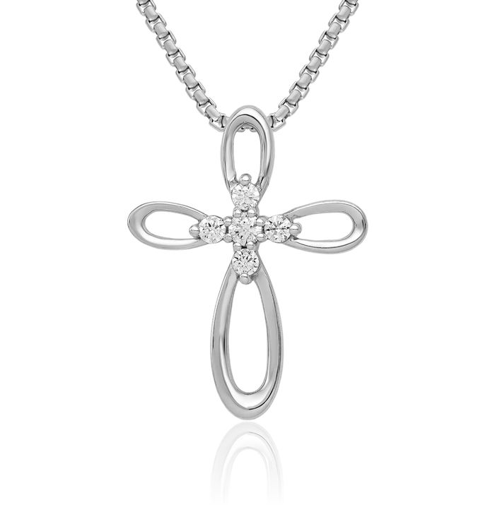 14K Solid White Gold Diamond Holy Cross Floating Chain Slide Pendant Necklace Religious Jesus Christ Charm