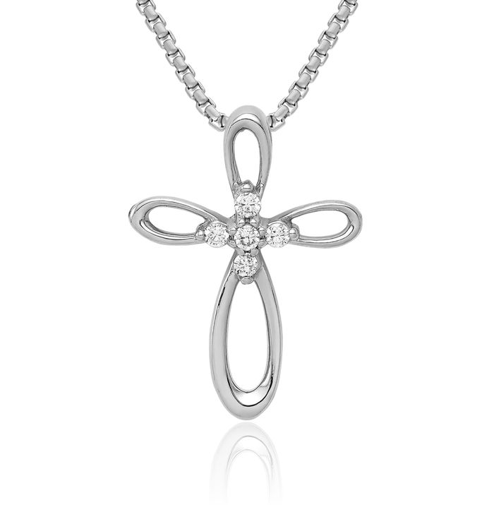 14K Solid White Gold Diamond Holy Cross Floating Chain Slide Pendant Necklace Religious Jesus Christ Charm