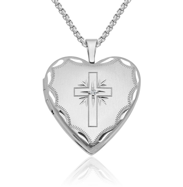 14K Solid White Gold Diamond Holy Cross Heart Personalized Photo Locket Necklace Religious Chain Pendant Jesus Christ Charm