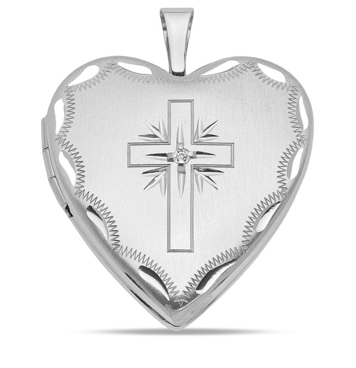 14K Solid White Gold Diamond Holy Cross Heart Personalized Photo Locket Necklace Religious Chain Pendant Jesus Christ Charm