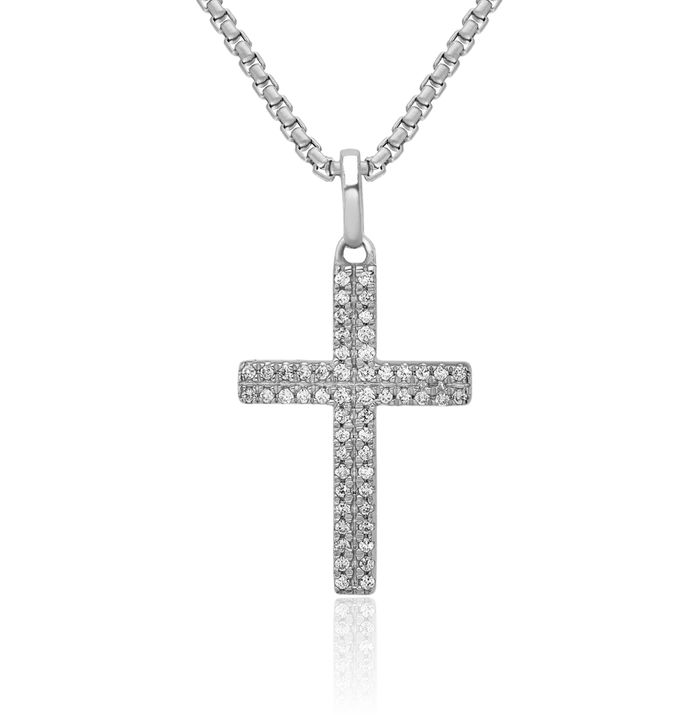 14K Solid White Gold Diamond Latin Mexican Holy Cross Necklace Religious Chain Pendant Jesus Christ Charm