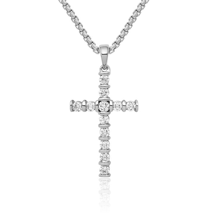 14K Solid White Gold Diamond Latin Mexican Holy Cross Necklace Religious Chain Pendant Jesus Christ Christian Charm