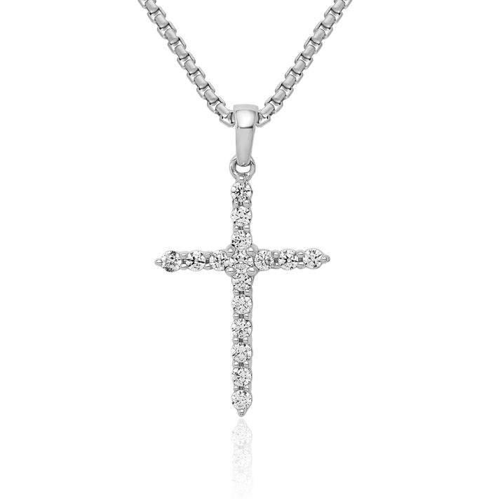 14K Solid White Gold Diamond Latin Mexican Holy Cross Necklace Religious Chain Pendant Jesus Christ Charm