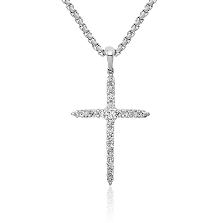 14K Solid White Gold Diamond Latin Mexican Holy Cross Necklace Religious Chain Pendant Jesus Christ Charm