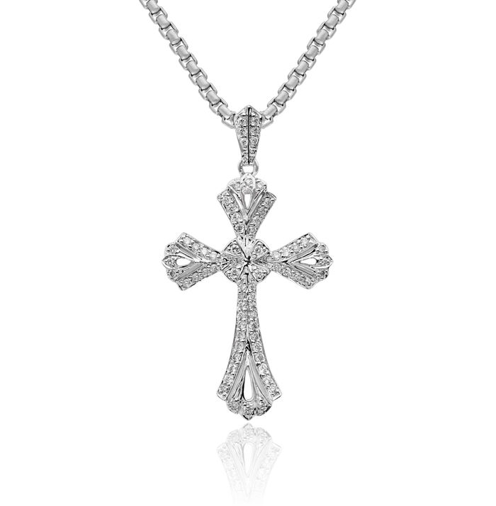 14K Solid White Gold Diamond Holy Cross Necklace Religious Chain Pendant Jesus Christ Charm