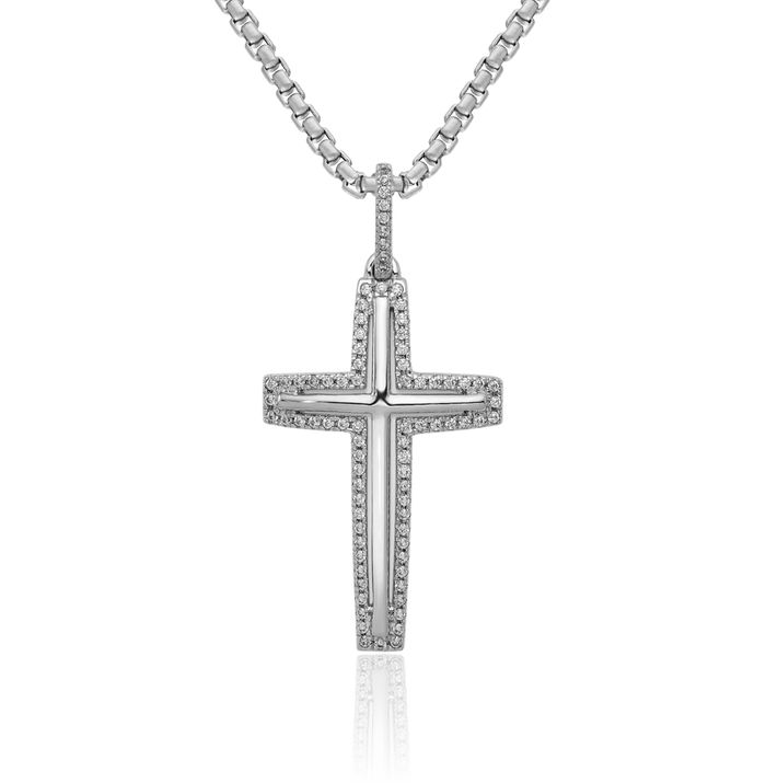 14K Solid White Gold Diamond Latin Mexican Holy Cross Necklace Religious Chain Pendant Jesus Christ Charm