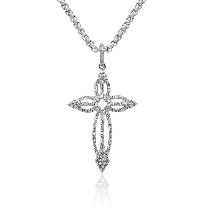 14K Solid White Gold Diamond Holy Cross Necklace Religious Chain Pendant Jesus Christ Charm