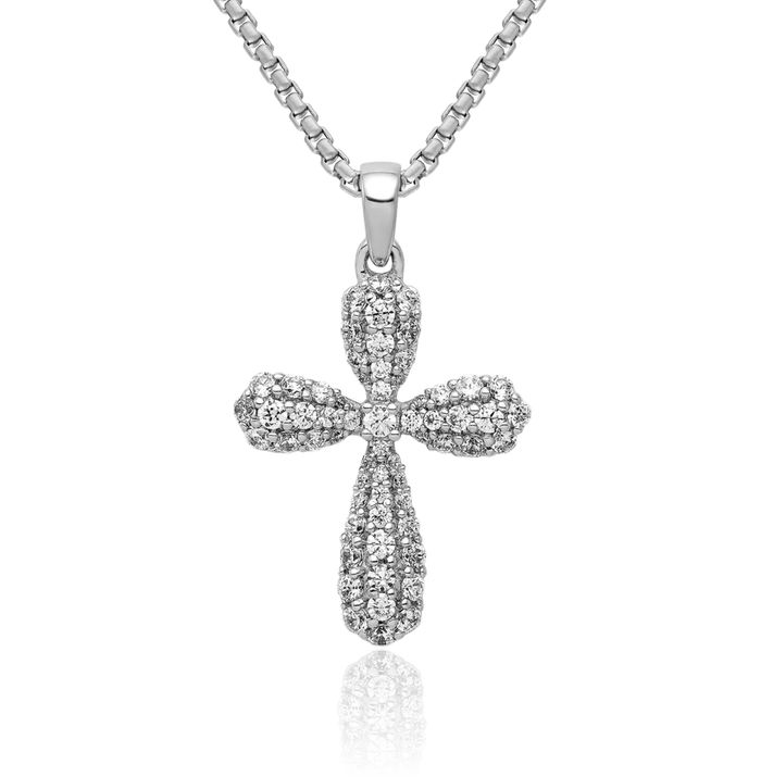 14K Solid White Gold Diamond Holy Cross Necklace Religious Chain Pendant Jesus Christ Charm