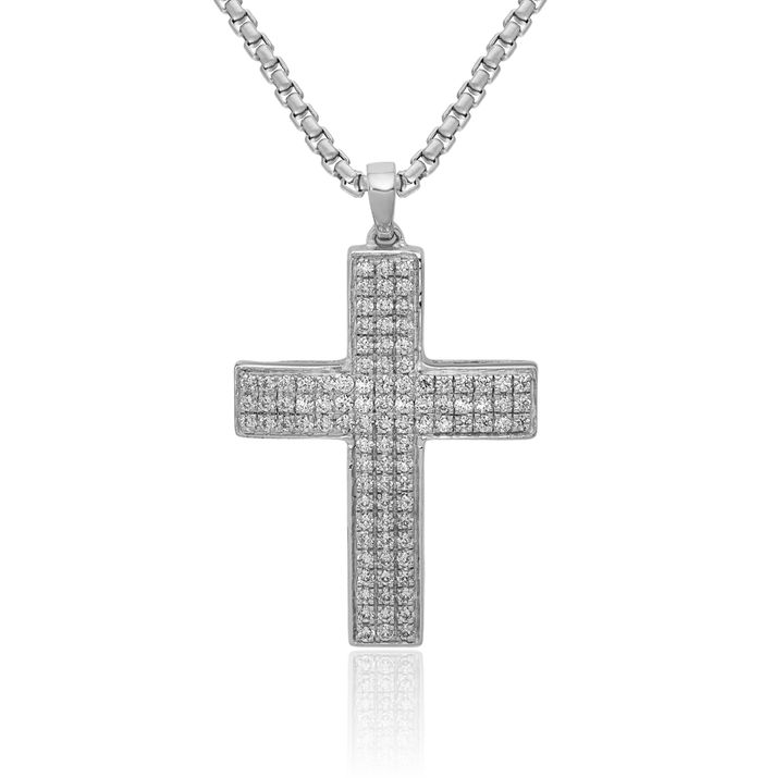 14K Solid White Gold Diamond Latin Mexican Holy Cross Necklace Religious Chain Pendant Jesus Christ Christian Charm