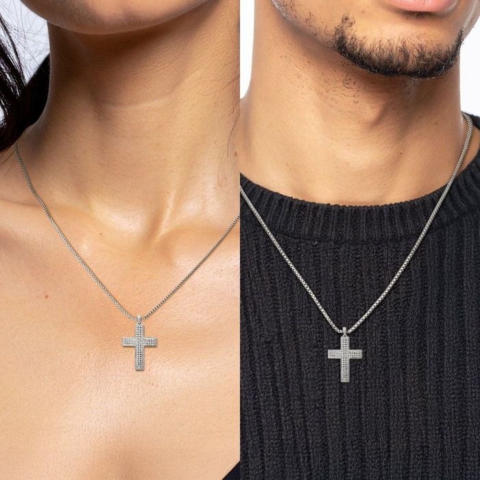 14K Solid White Gold Diamond Latin Mexican Holy Cross Necklace Religious Chain Pendant Jesus Christ Christian Charm