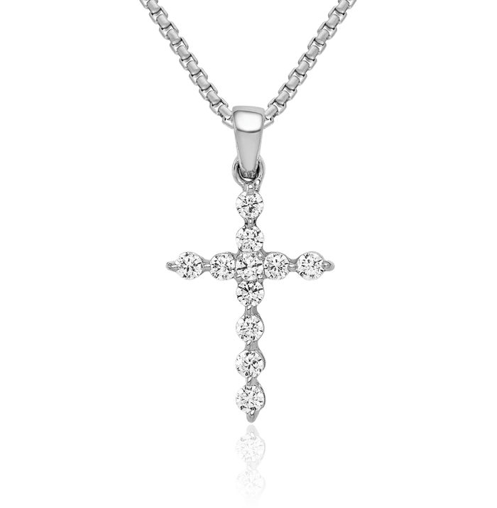 14K Solid White Gold Lab Diamond Latin Mexican Holy Cross Necklace Religious Chain Pendant Jesus Christ Charm