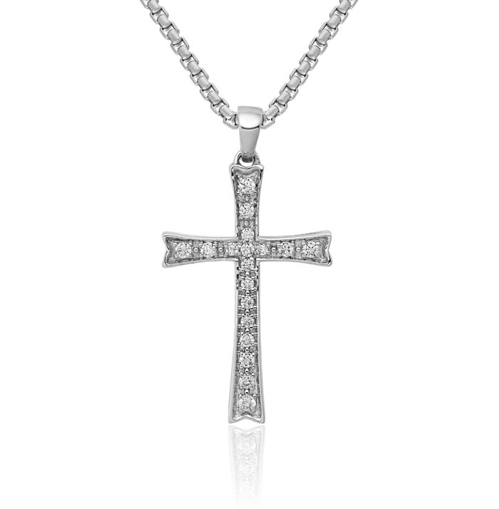 14K Solid White Gold Lab Diamond Holy Cross Necklace Religious Chain Pendant Jesus Christ Charm