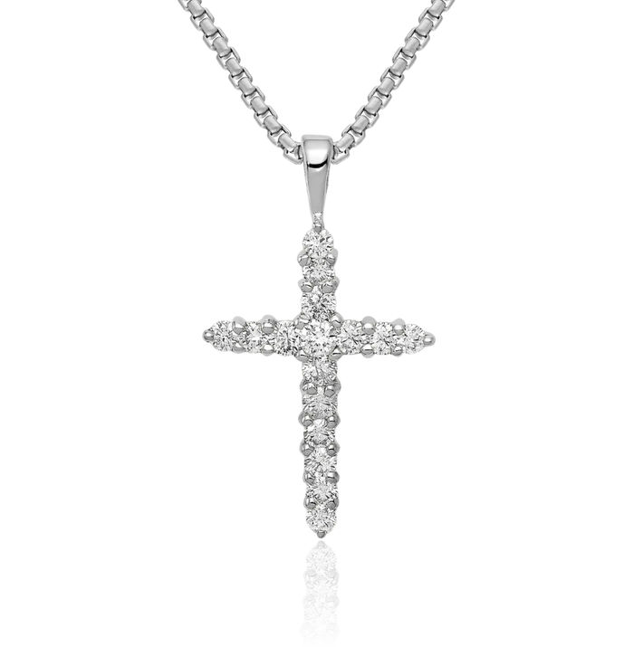 14K Solid White Gold Lab Diamond Latin Mexican Holy Cross Necklace Religious Chain Pendant Jesus Christ Charm