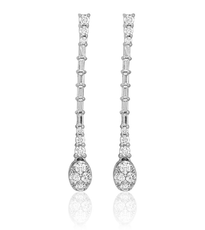 14K Solid White Gold Diamond Line Bar Drop Dangle Earrings