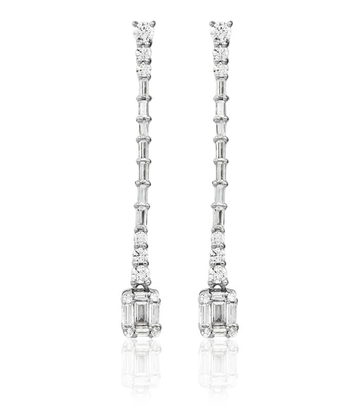 14K Solid White Gold Diamond Line Bar Drop Dangle Earrings