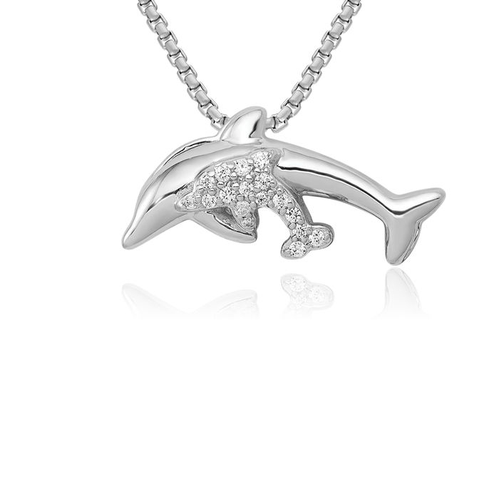 14K Solid White Gold Diamond Sea Dolphin Ocean Fish Beach Nautical Floating Chain Slide Pendant Necklace Charm