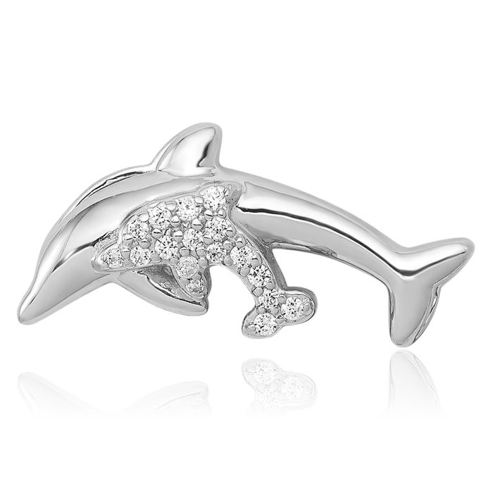 14K Solid White Gold Diamond Sea Dolphin Ocean Fish Beach Nautical Floating Chain Slide Pendant Necklace Charm