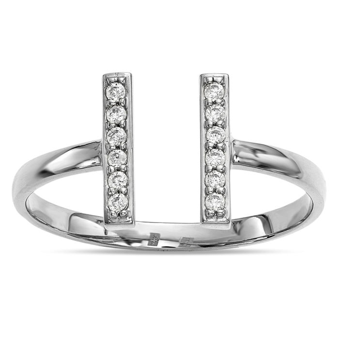 14K Solid White Gold Diamond Double Bar Ring