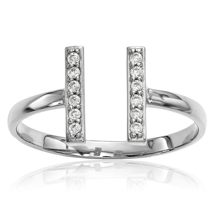 14K Solid White Gold Diamond Double Bar Ring