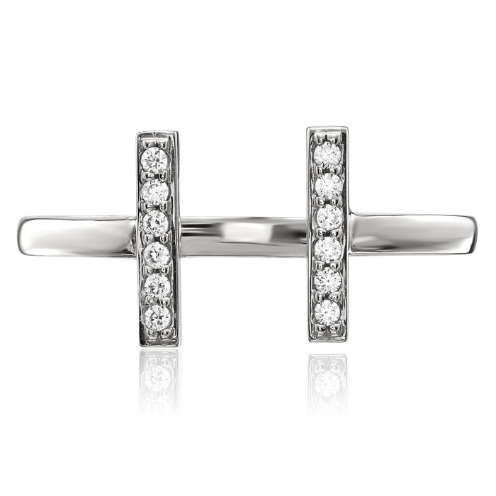 14K Solid White Gold Diamond Double Bar Ring