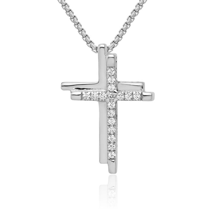 14K Solid White Gold Diamond Double Holy Cross Floating Chain Slide Pendant Necklace Religious Jesus Christ Charm