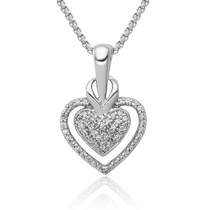 14K Solid White Gold Diamond Double Heart Floating Chain Slide Pendant Necklace Charm