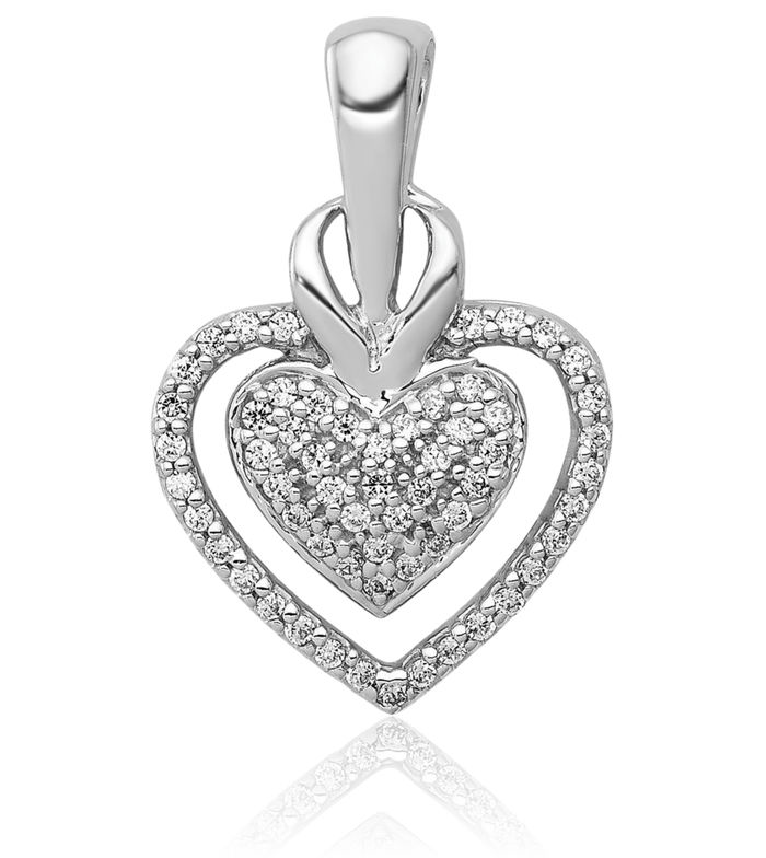 14K Solid White Gold Diamond Double Heart Floating Chain Slide Pendant Necklace Charm