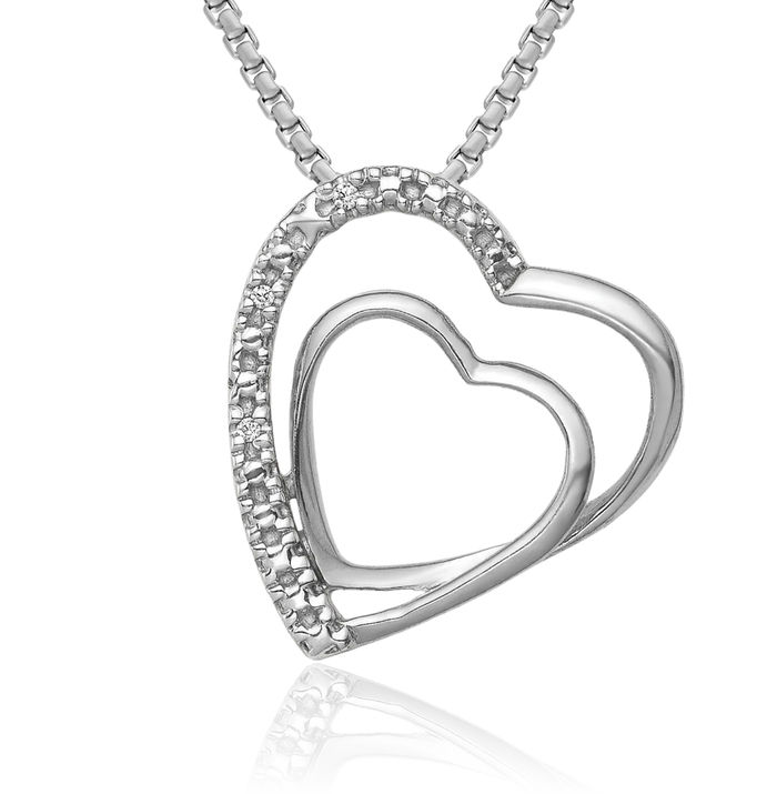 14K Solid White Gold Diamond Double Heart Floating Chain Slide Pendant Necklace Charm