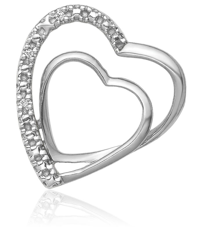 14K Solid White Gold Diamond Double Heart Floating Chain Slide Pendant Necklace Charm