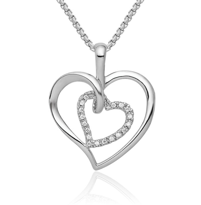 14K Solid White Gold Diamond Double Heart Necklace Love Pendant Charm