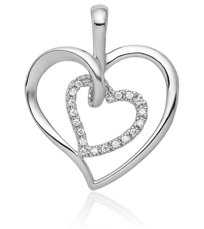 14K Solid White Gold Diamond Double Heart Necklace Love Pendant Charm