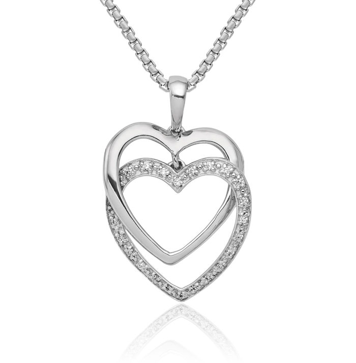 14K Solid White Gold Diamond Double Heart Necklace Love Pendant Charm